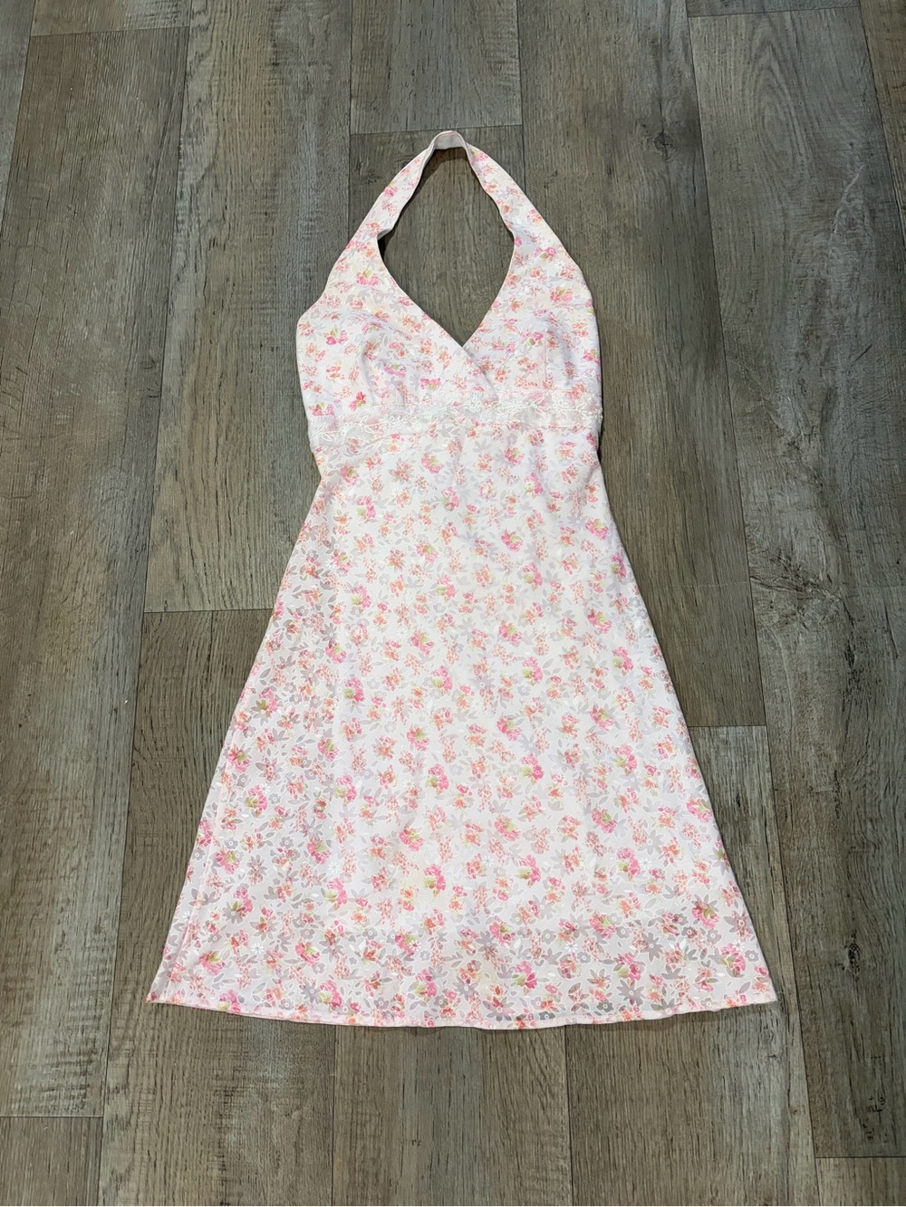 Taboo Pink Floral Halter Neck Mini Dress with Lace. Size XS Coquette Twee